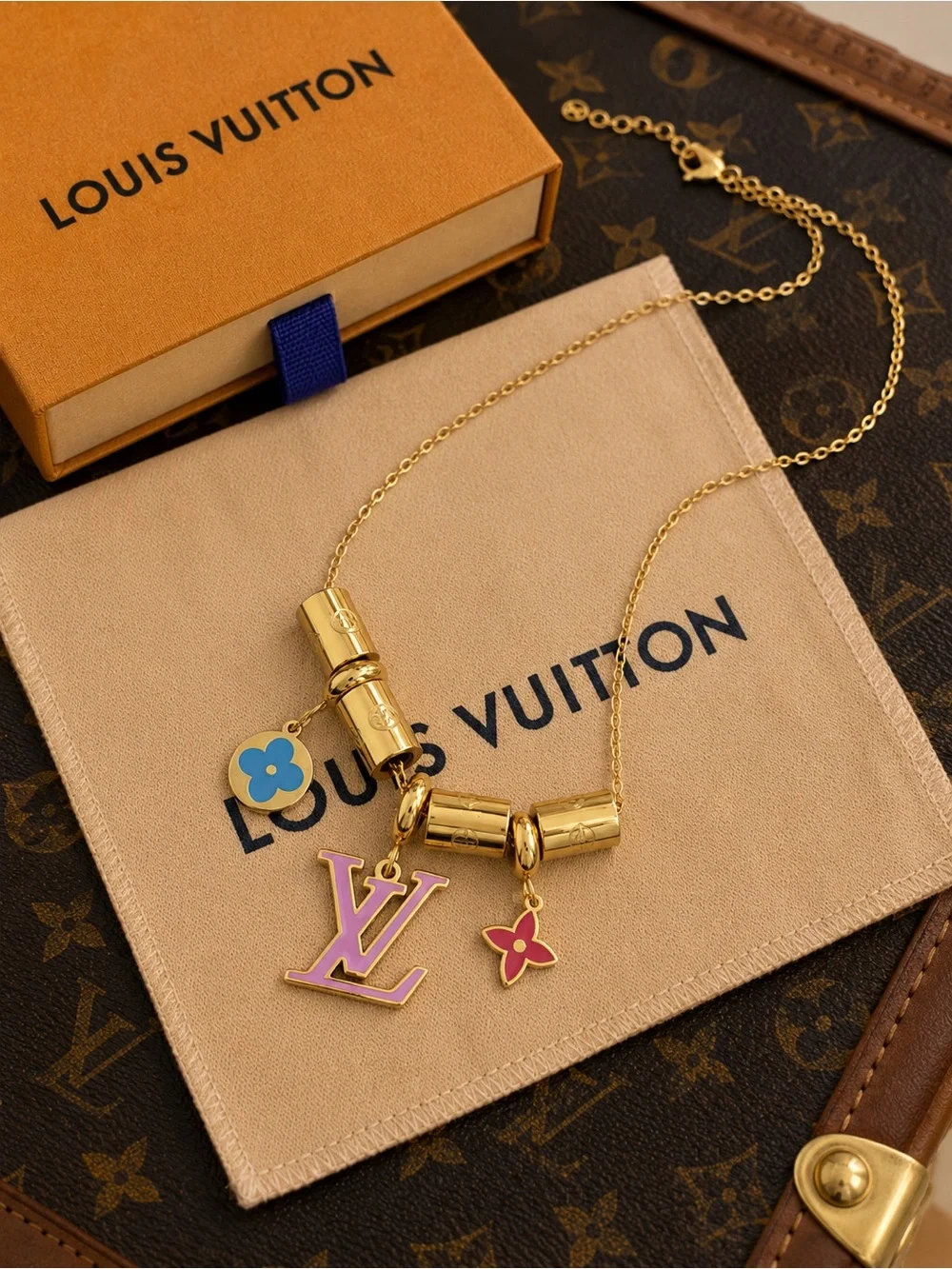 Gold Chain Necklace with Pink LV and Blue Flower Charms